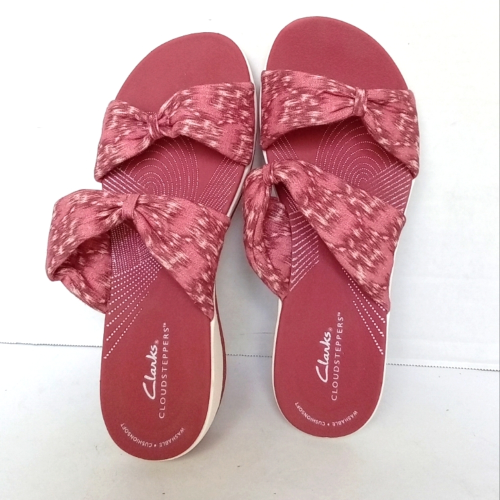 Clarks Cloud Steppers Rose Pink Bow Comfort‎ Slides Sandals Summer Casual